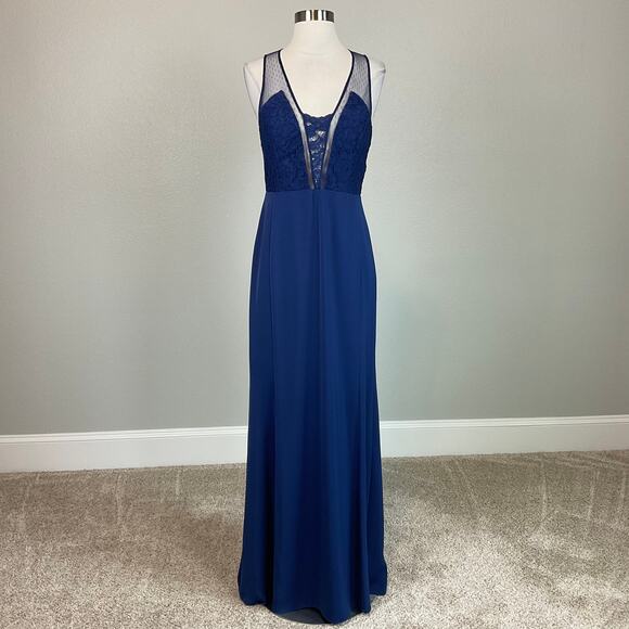 Aidan Mattox Blue Lace Evening Gown Size 6 Sheer Back Sleeveless Long Dress - Picture 3 of 11